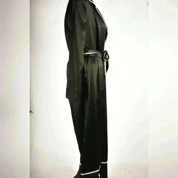 MISSGUIDED Black White Piped Poly Satin Pyjama Tie Wide Leg Jumpsuit 8US 12UK - Picture 4 of 11